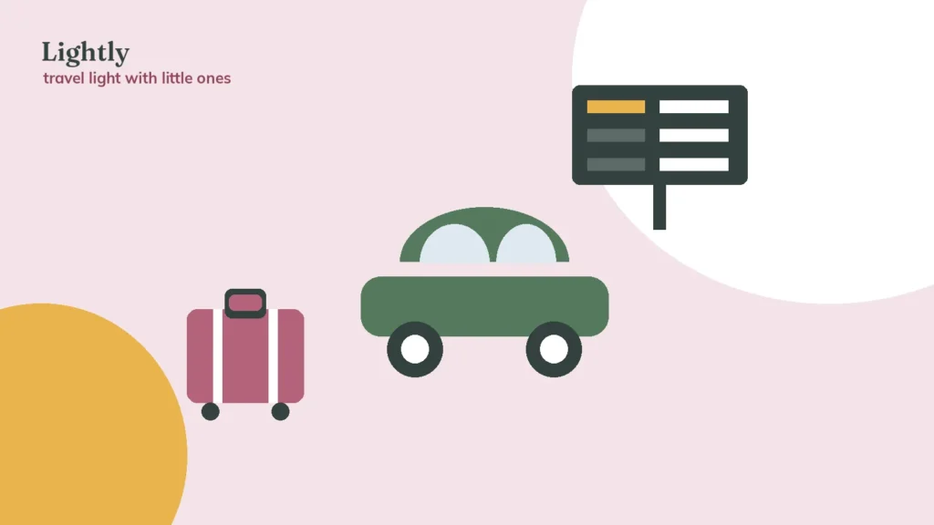 Illustration of a car waiting under an arrivals board — getting from the airport with a baby