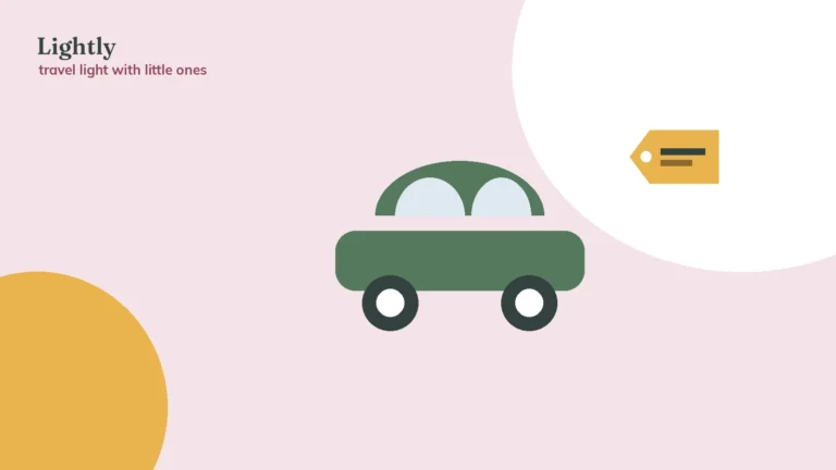 Illustration of a family car with a luggage tag — road trips with a baby