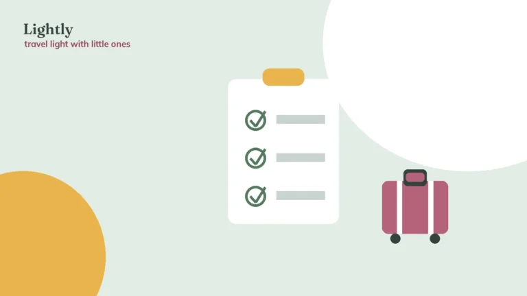 Illustration of a short packing checklist beside a small suitcase — what not to pack for a baby
