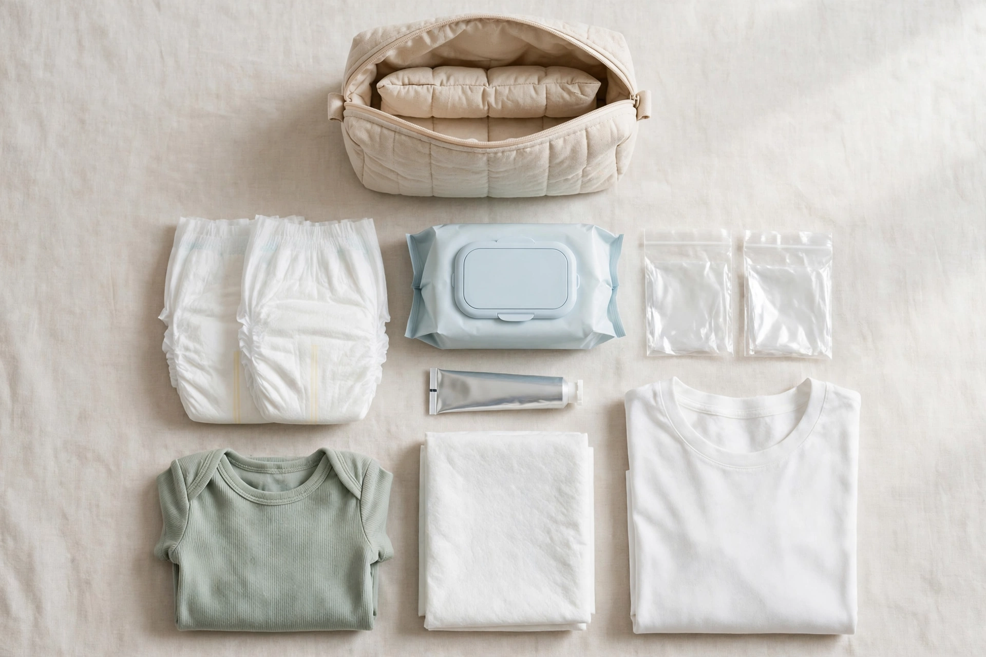 Small changing pouch kit with diapers, wipes, diaper cream, disposal bags, spare baby outfit, and spare adult top laid out flat