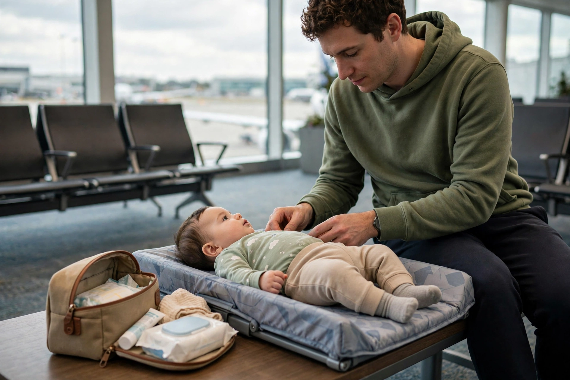 Parent changing a baby on a portable changing pad at an airport gate before boarding