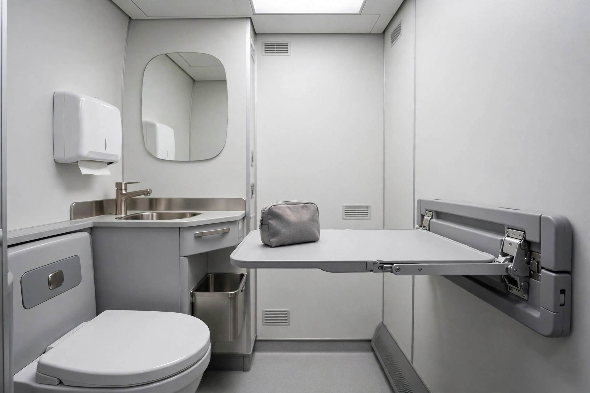 Clean airplane lavatory with a fold-down baby changing table and a small changing pouch